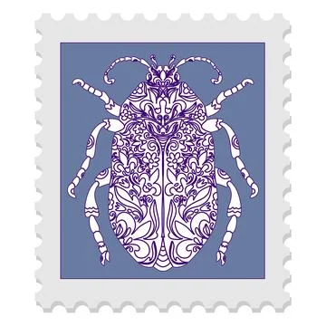 Postage stamp with a beetle. Vector isolated element. Spring motifs Stock Illustration