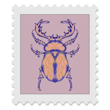 Postage stamp with a beetle. Vector isolated element. Spring motifs 스톡 일러스트