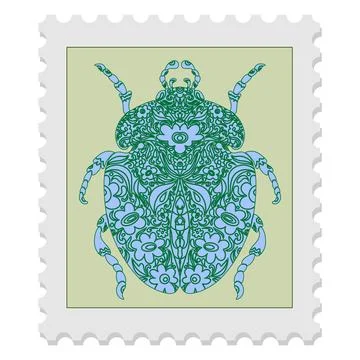 Postage stamp with a beetle. Vector isolated element. Spring motifs 스톡 일러스트