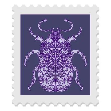 Postage stamp with a beetle. Vector isolated element. Spring motifs Stock Illustration