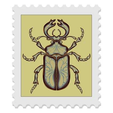 Postage stamp with a beetle. Vector isolated element. Spring motifs 스톡 일러스트