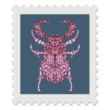 Postage stamp with a beetle. Vector isolated element. Spring motifs Illustrazione stock