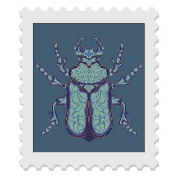 Postage stamp with a beetle. Vector isolated element. Spring motifs 스톡 일러스트