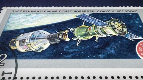 Postage stamp dedicated joint Soviet-American space flight APOLLO - SOYUZ Stock Footage 134819168