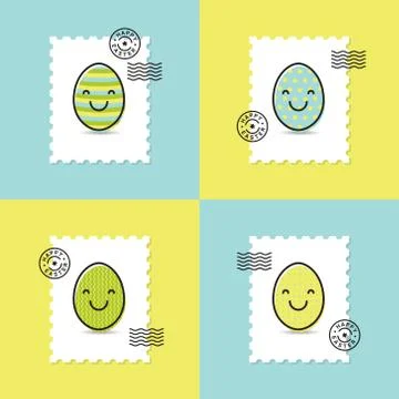Postage stamp with easter painted egg smiley set Illustrazione stock
