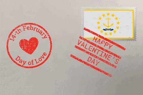 Postage stamp envelope with Rhode Island US flag and Valentine s Day stamps,  Illustration