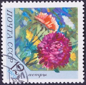 Postage Stamp Featuring Asters and Cyrillic Text Stock Photos