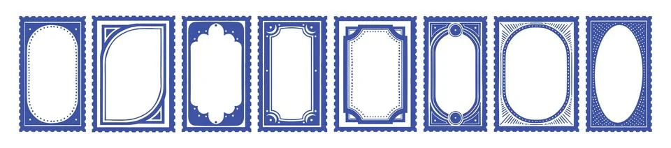Postage stamp frames, elegant vintage postal border, blue geometric Stock Illustration