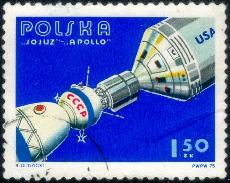 Postage stamp with the image of Apollo and Soyuz Linked in Space. From the .. Stock Photos