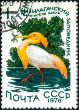 Postage stamp with the image of Bubulcus ibis. From the series on Water Bir.. Stock Photos