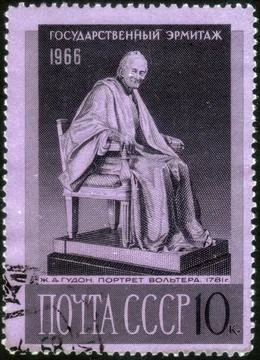 Postage stamp with the image of Marble Statue of French Writer and Philosop.. 写真素材