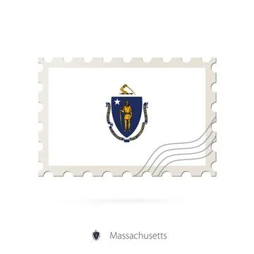 Postage stamp with the image of Massachusetts state flag. Stock Illustration