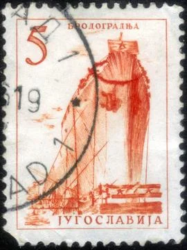 Postage stamp with the image of Ship at the shipyard. From the series on En.. Stock Photos