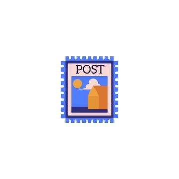 Postage stamp with landscape image and blue edges isolated on white background. Illustrazione stock