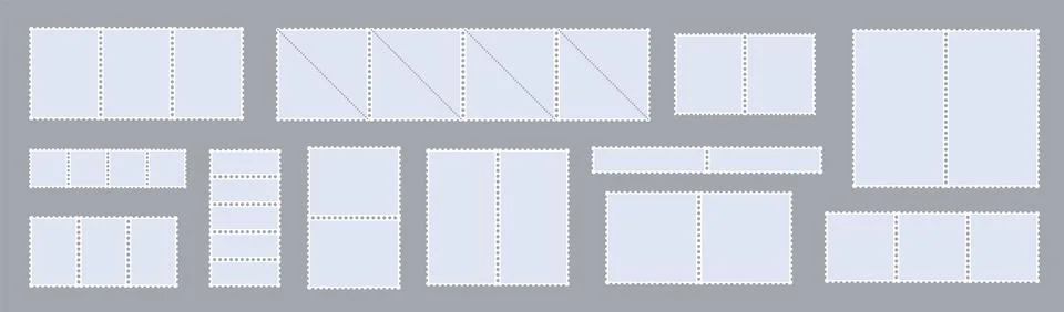 Postage stamp mockup set with blank white shapes. Vector kit of rectangular, Stock Illustration