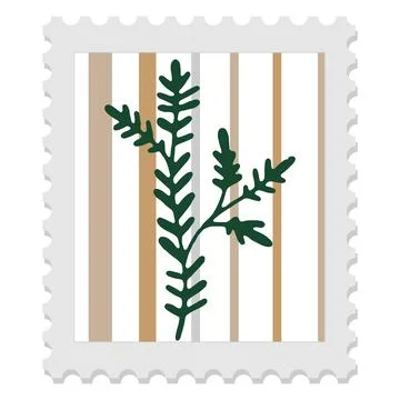 Postage stamp with a plant image and leaf silhouette on a striped background, Stock Illustration