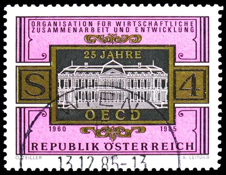Postage stamp printed in Austria devoted to 25th Anniversary of OECD, circa 1 Stock Photos
