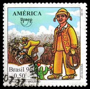 Postage stamp printed in Brazil shows Vaqueiro, UPAEP Traditional Costumes se Stock Photos