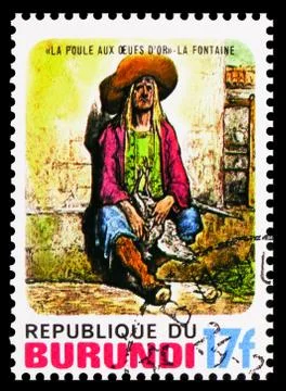 Postage stamp printed in Burundi shows La Fontaine, The Poule Oeors D'or, Fai Stock Photos