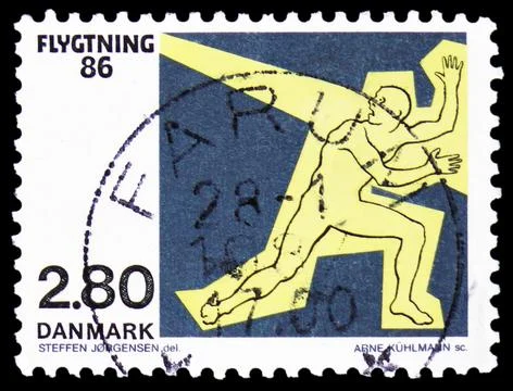 Postage stamp printed in Denmark shows Man fleeing, Refugee Aid 1986 serie,.. Stock Photos