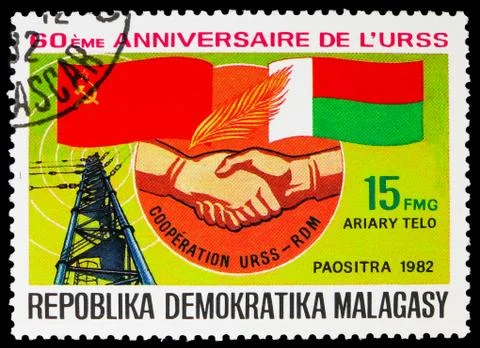 Postage stamp printed in Madagascar devoted to 60th Anniversary of USSR, seri Stock-Fotos