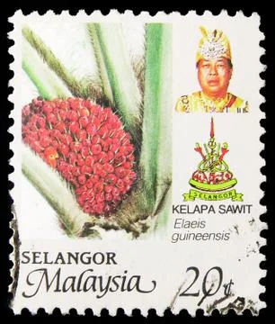 Postage stamp printed in Malaysia shows Agricultural Products - Elaeis guinee Stock Photos