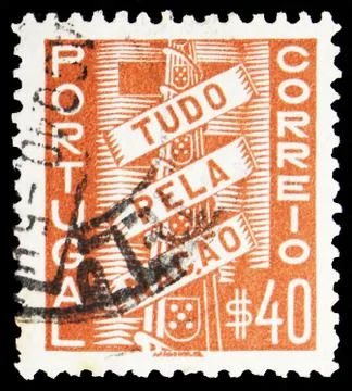 Postage stamp printed in Portugal shows Coat of Arms with Scroll (Tudo pela N Stock Photos