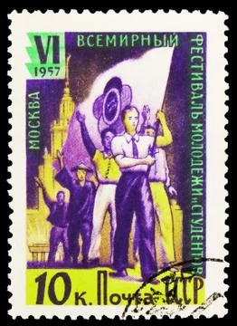 Postage stamp printed in Soviet Union shows Youth with flag, 6th World Youth  Stock Photos