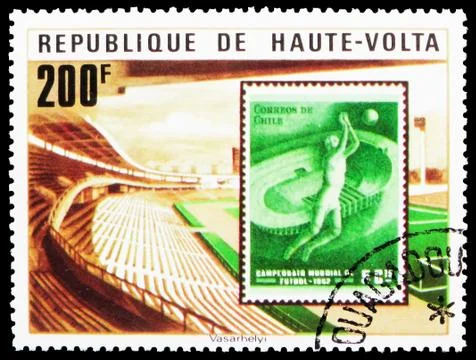 Postage stamp printed in Upper Volta (Burkina Faso) shows Stadium and Chilean Stock Photos