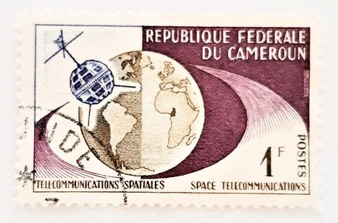 Postage stamp of Republic of Cameroon featuring space telecommunication Stock Photos