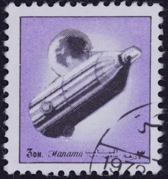 Postage stamp with rocket and celestial body illustration 스톡 사진