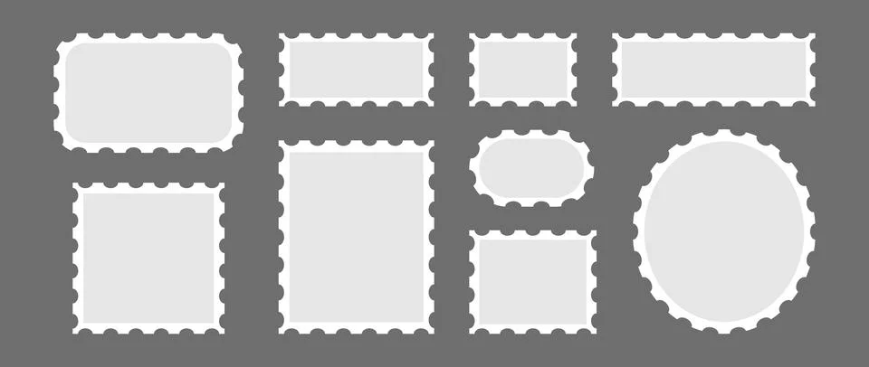 Postage stamp set. Post stamp frame or border. Grey round, square, rectangular Stock Illustration