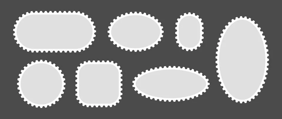 Postage stamp set. Post stamp frame or border. Grey round and oval template for Stock Illustration