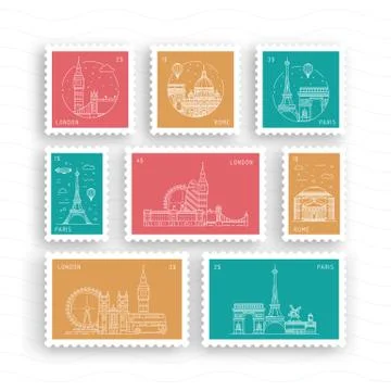 Postage stamps with architectural landmarks Stock Illustration