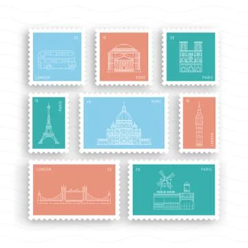 Postage stamps with architectural landmarks Stock Illustration
