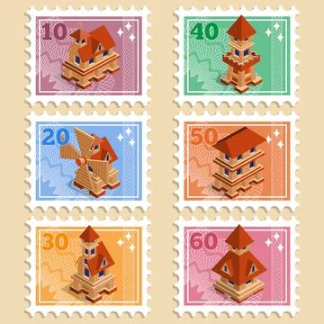 Postage stamps with the image of architectural structures. Stock Illustration