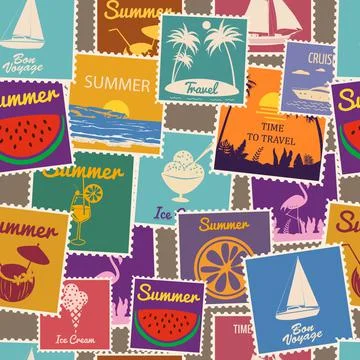 Postage stamps seamless pattern Summer vacation. Retro background signs travel Stock Illustration