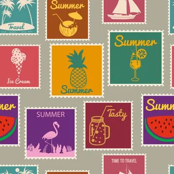 Postage stamps seamless pattern Summer vacation. Retro background signs travel Illustrazione stock