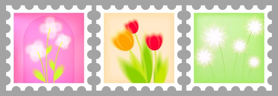 Postage stamps with soft gradient blur, flowers 库存插图