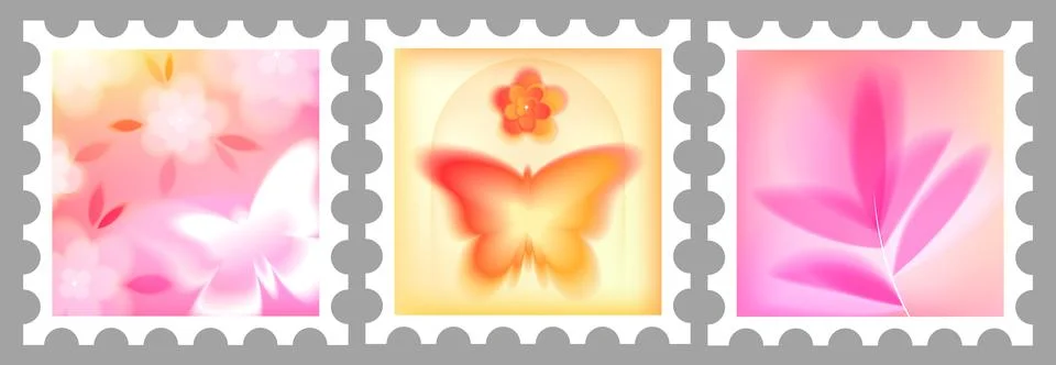 Postage stamps with soft gradient blur, flowers 库存插图