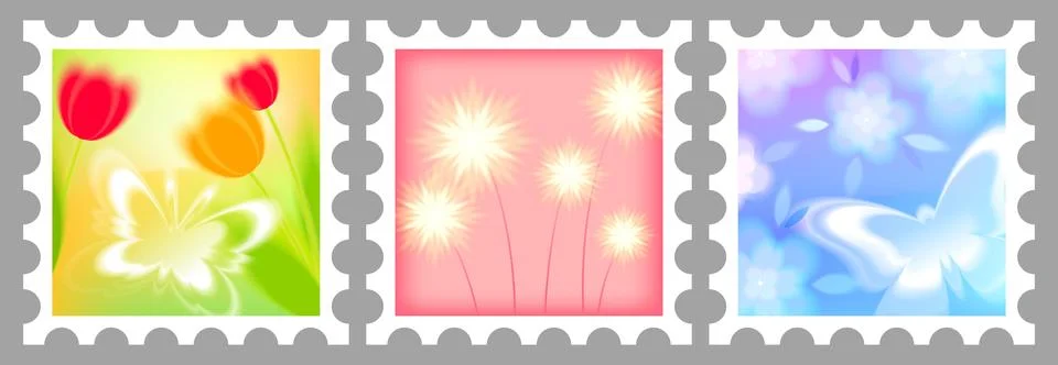 Postage stamps with soft gradient blur, flowers 库存插图