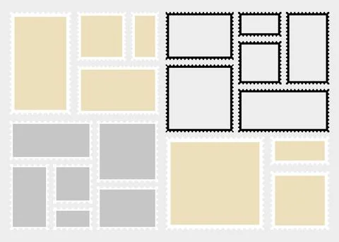 Postage stamps template. Blank rectangle and square postage stamps. Illustrazione stock