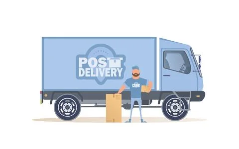 The postal courier is standing just next to your mailbox. The style is cartoo Stock Illustration