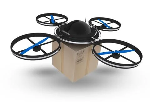 Postal drone isolated on white background. 3d drone with package illustration Illustrazione stock