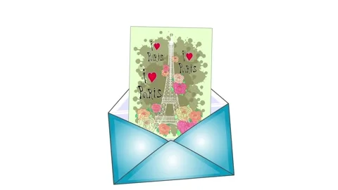 Postal envelope with a postcard and an image of the Eiffel tower. Animation. Stock Footage 156544850