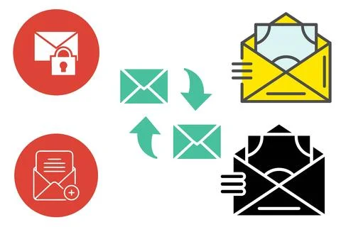 Postal icon set. 9 filled postal icons. Collection Of - Envelope, Post offi.. Stock Illustration