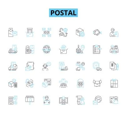 Postal linear icons set. Envelopes, Packages, Stamps, Mailboxes, Letters Stock Illustration