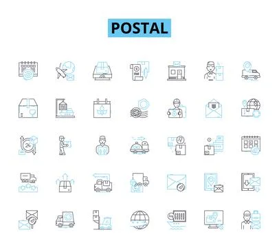 Postal linear icons set. Envelopes, Packages, Stamps, Mailboxes, Letters 스톡 일러스트