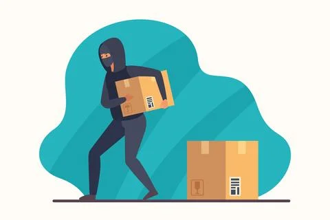 Postal parcel theft, thief sneaking away cardboard box, burglar in disguise mask Stock Illustration