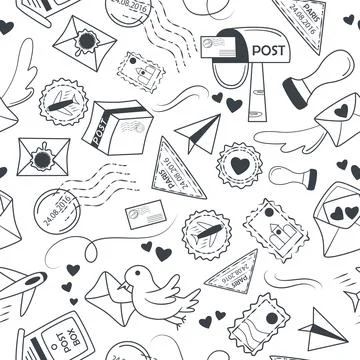 Postal parcels and letters seamless pattern doodle sketch style Stock Illustration